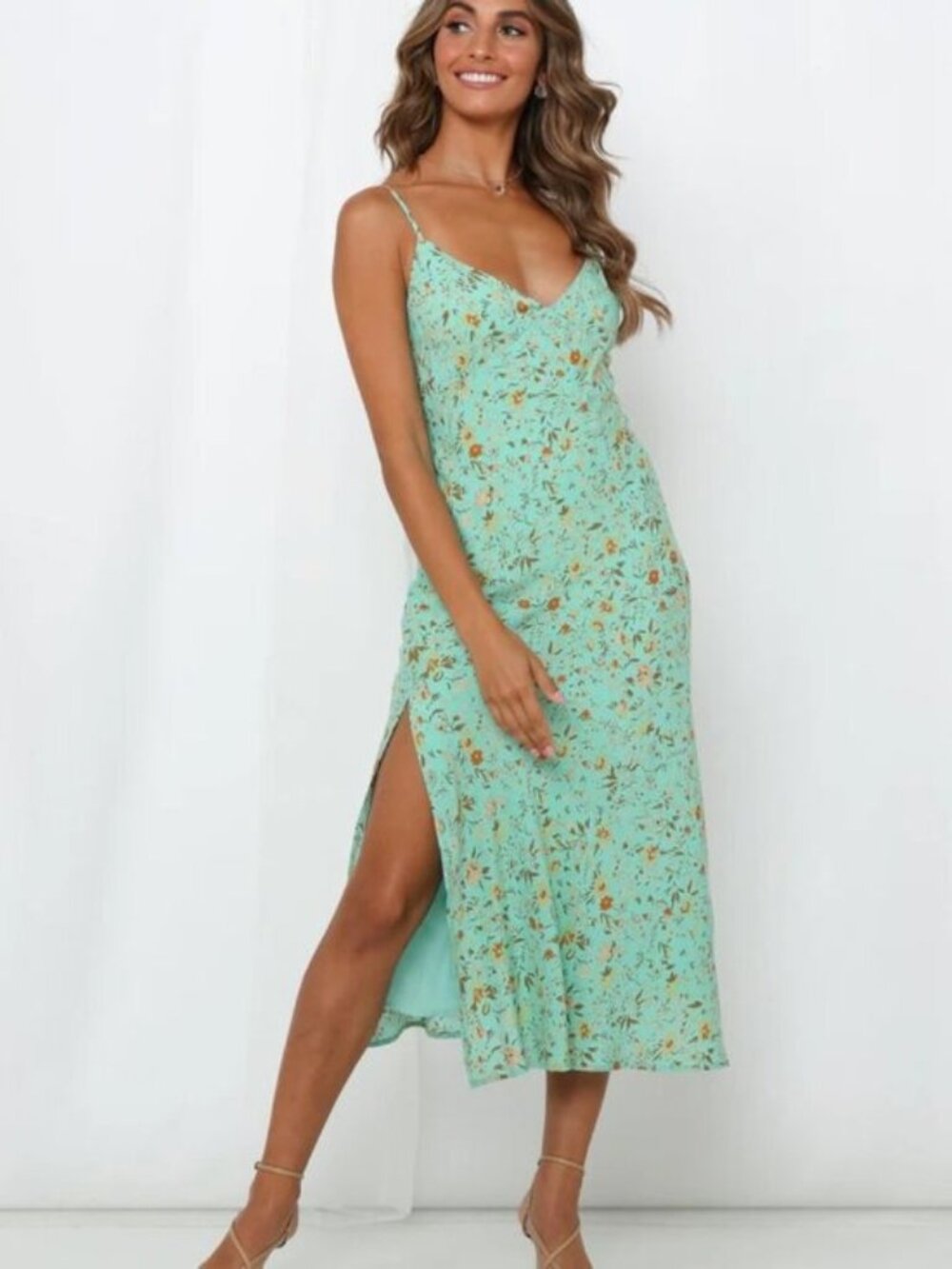 Hello Molly California Dreaming Midi Dress Green Floral Women’s Size Small US 4